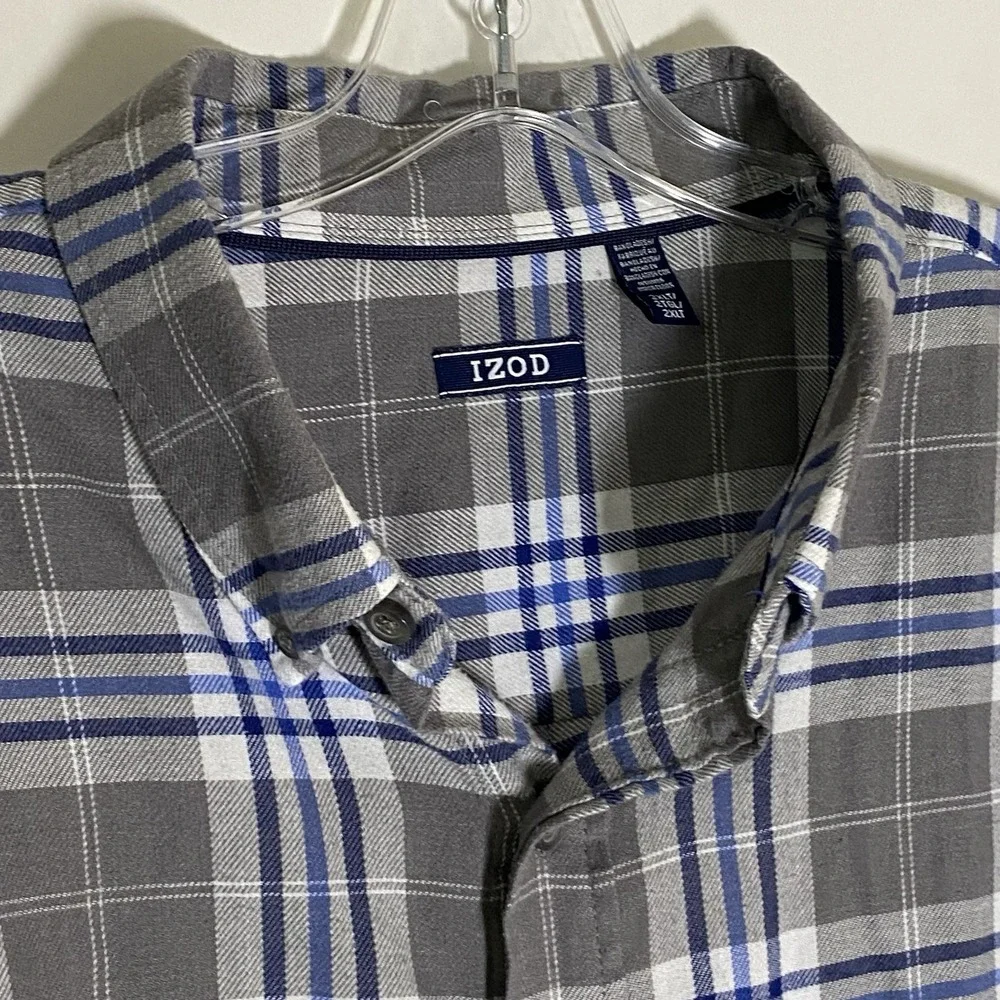 Izod Shirt Mens 2XL Gray Blue Plaid Button Down Casual Cotton Pocket Classic